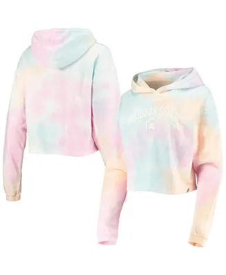 Women's League Collegiate Wear Pink, White Michigan State Spartans Tie-Dye Cropped Pullover Hoodie