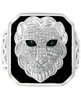 Effy Men's Diamond (1/2 ct. t.w.) & Emerald Accent Black Enamel Lion Ring in Sterling Silver