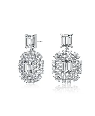Genevive Gv Sterling Silver White Gold Plated Clear Emerald with Round Cubic Zirconia Lace Cluster Drop Earrings