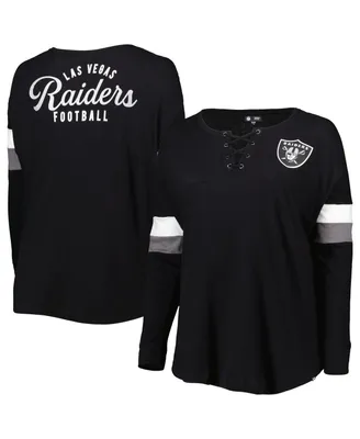 Women's New Era Black Las Vegas Raiders Plus Size Athletic Varsity Lace-Up V-Neck Long Sleeve T-shirt