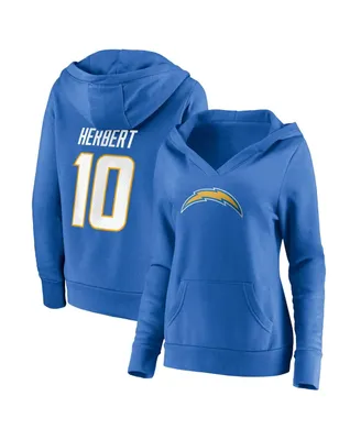 Women's Fanatics Justin Herbert Powder Blue Los Angeles Chargers Player Icon Name and Number V-Neck Pullover Hoodie