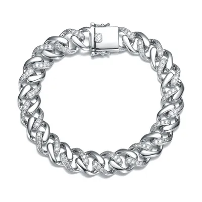 Genevive Bold Men's White Gold Plated Curb Chain Bracelet with Iced Out Cubic Zirconia in Sterling Silver