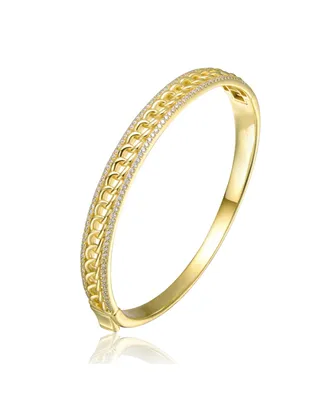 Genevive Sterling Silver 14k Yellow Gold Plated with Cubic Zirconia Chain Link Stiff Bangle Bracelet