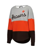 Women's Touch Heather Gray, Brown Cleveland Browns Outfield Deep V-Back Pullover Sweatshirt