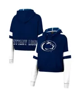 Women's Colosseum Heather Navy Penn State Nittany Lions Throwback Stripe Arch Logo Cropped Pullover Hoodie