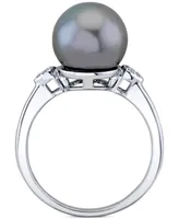 Cultured Tahitian Pearl (10mm) & Diamond Accent Ring in 10k White Gold