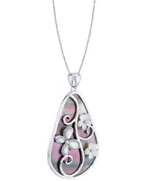 Black & White Mother of Pearl Flower 18" Pendant Necklace in Sterling Silver