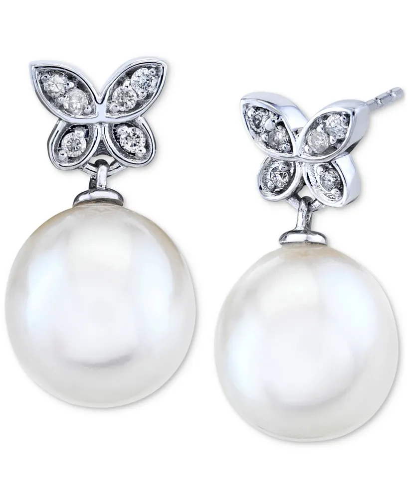 Cultured Freshwater Pearl (9mm) and Diamond (1/10 ct. t.w.) Butterfly Drop Earrings in 14k White Gold