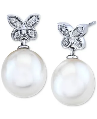 Cultured Freshwater Pearl (9mm) and Diamond (1/10 ct. t.w.) Butterfly Drop Earrings in 14k White Gold