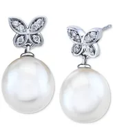 Cultured Freshwater Pearl (9mm) and Diamond (1/10 ct. t.w.) Butterfly Drop Earrings in 14k White Gold