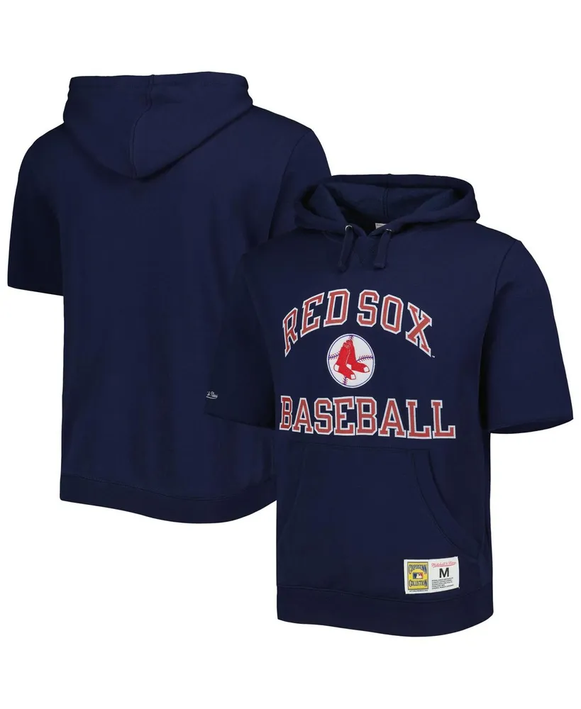 Men's Mitchell & Ness Navy Boston Red Sox Cooperstown Collection Washed Fleece Pullover Short Sleeve Hoodie