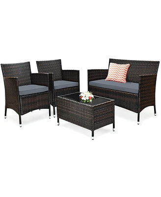 4 Pcs Outdoor Patio Rattan Furniture Set Table Shelf Sofa