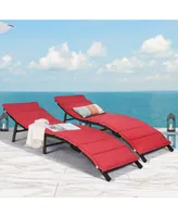 2PCS Patio Rattan Folding Lounge Chair Stackable Double Sided Cushion