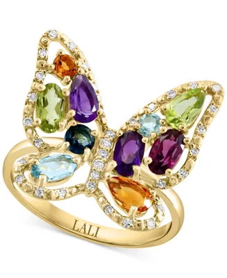 Lali Jewels Multi-Gemstone (1-3/4 ct. t.w.) & Diamond (1/8 ct. t.w.) Butterfly Ring in 14k Gold - Multi