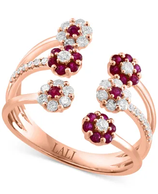 Lali Jewels Ruby (1/2 ct. t.w.) & Diamond (3/8 ct. t.w.) Three Row Flower Cuff Ring in 14k Rose Gold