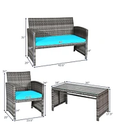 4PCS Patio Rattan Furniture Set Conversation Glass Table Top Cushioned