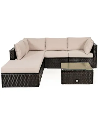 6PCS Outdoor Patio Rattan Furniture Set Cushioned Sectional Sofa