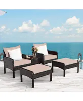 5 Pcs Rattan Wicker Furniture Set Sofa Ottoman W/Brown Cushion Patio Garden Yard