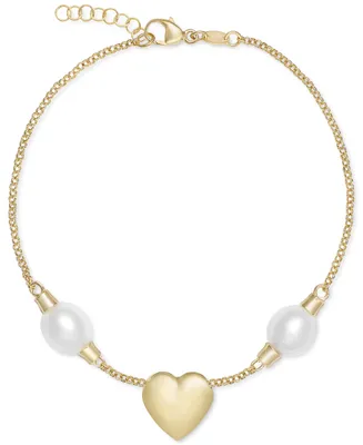 Cultured Freshwater Pearl (7 1/4 x 8mm) Heart Link Bracelet in 14k Gold-Plated Sterling Silver