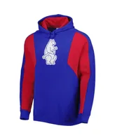 Men's Mitchell & Ness Royal and Red Chicago Cubs Colorblocked Fleece Pullover Hoodie