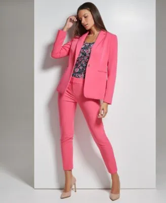 Tommy Hilfiger Womens Single Button Slim Fit Blazer Floral Print Sleeveless Mesh Knit Top Solid Slim Fit Straight Leg Pants