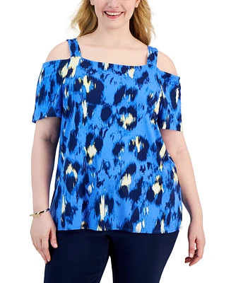 Jm Collection Plus Size Strokes Square-Neck Cold-Shoulder Top, Created for Macy's