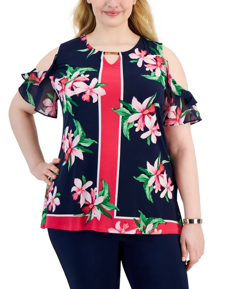 Jm Collection Plus Short Sleeve Cold Shoulder Printed Top, Created