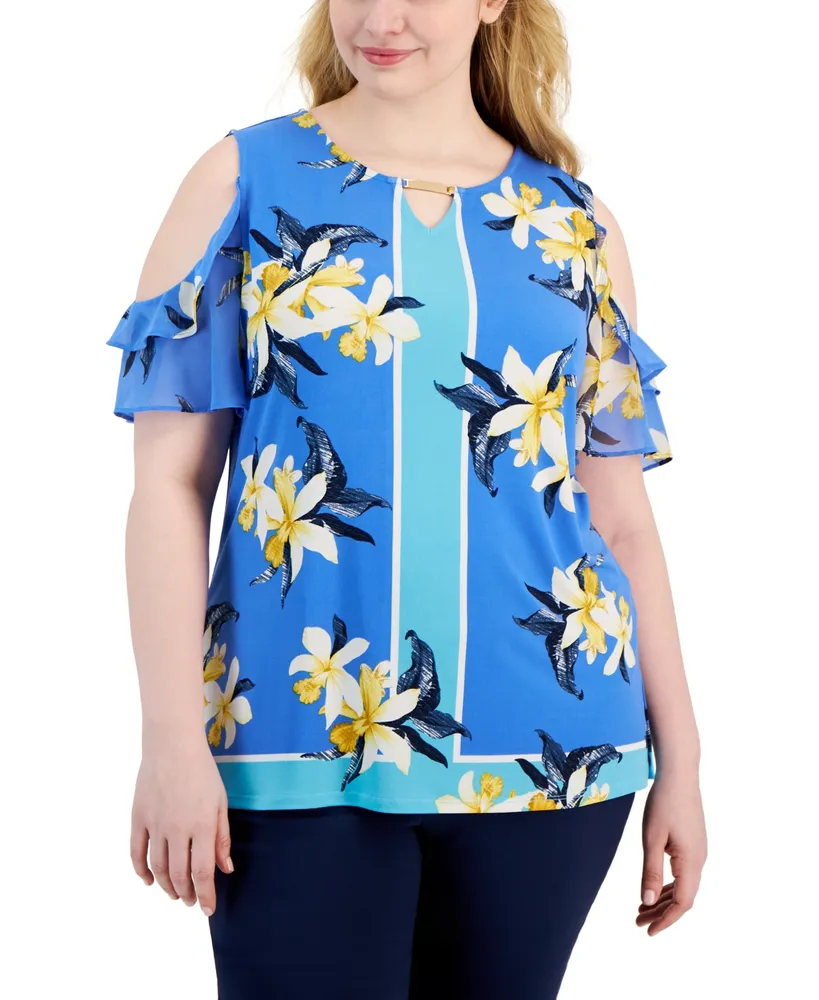 Jm Collection Plus Cold-Shoulder Chiffon-Sleeve Top, Created for