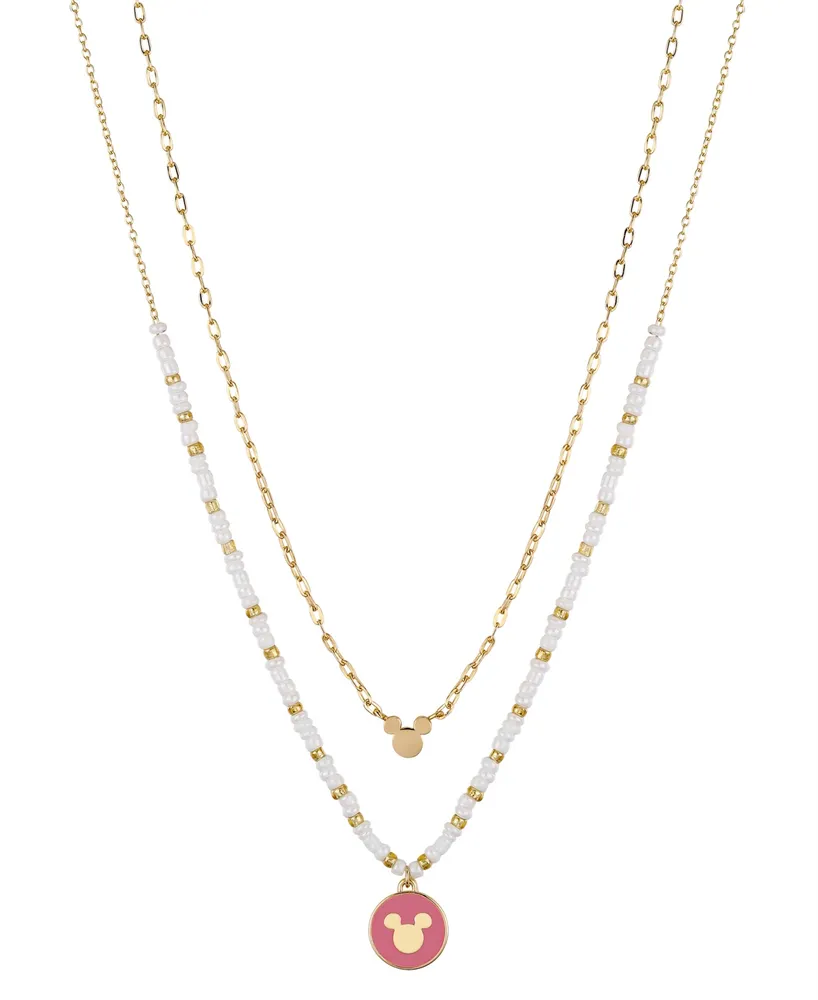 Disney 14k Gold Plated Mickey Mouse Pink Charm White Beaded and Link Chain Necklace Set, 2 Piece