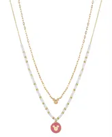 Disney 14k Gold Plated Mickey Mouse Pink Charm White Beaded and Link Chain Necklace Set, 2 Piece