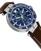 Versace Men's Swiss Chronograph Greca Brown Leather Strap Watch 45mm