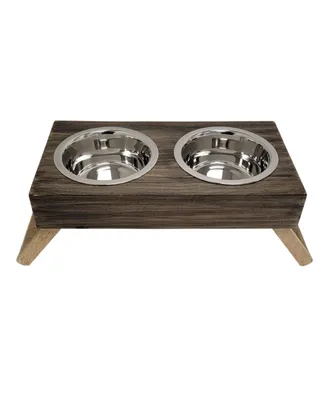 Country Living Elevated Wood Dog Feeder with 2 Stainless Steel Bowls – Solid Mango Wood with Brown Polished Finish, Foldable Legs – Medi