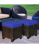 2PCS Patio Rattan Ottoman Cushioned Seat Foot Rest Coffee Table Furniture Garden