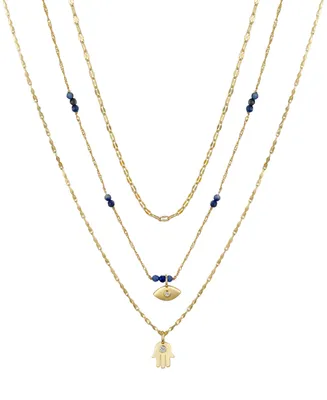 Unwritten 14K Gold Flash-Plated Cubic Zirconia Hamsa and Evil Eye Lapis Chain Necklace Set