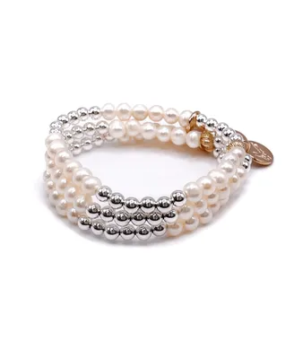 Bowood Lane 5mm Silver Ball and Freshwater Pearl Stretch Bracelet