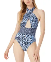 Michael Michael Kors Women's Printed Cross-Front Cut-Out One-Piece Halter Swimsuit