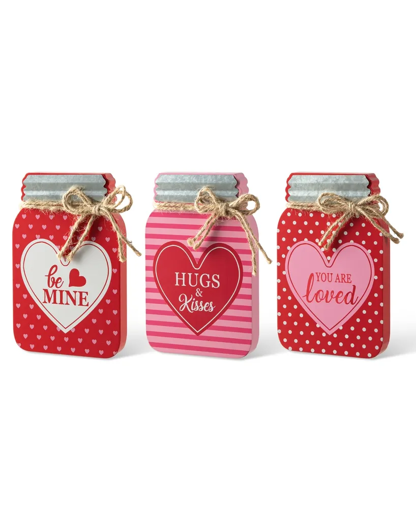 Glitzhome 7" H Valentine's Wooden Mason Jar Table Decor Set, 3 Piece