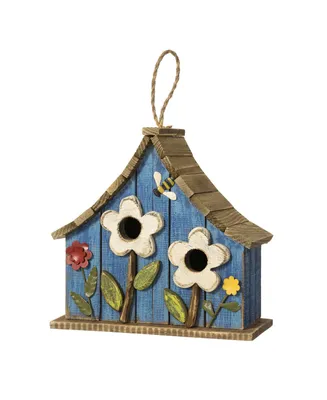Glitzhome 10.5'' H Distressed Solid Wood Birdhouse with 3D Flowers