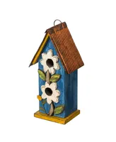 Glitzhome 13.75" H Washed Two-Tiered Distressed Solid Wood Birdhouse with 3D Flowers