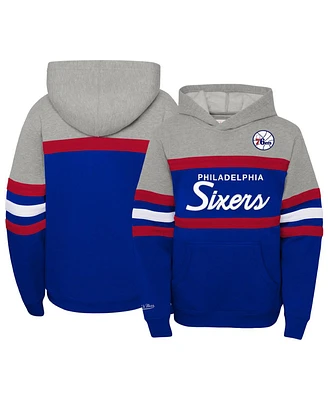 Big Boys and Girls Mitchell & Ness Heather Gray, Royal Philadelphia 76ers Hardwood Classics Head Coach Pullover Hoodie
