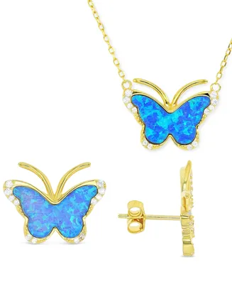 2-Pc. Set Lab-Grown Opal & Cubic Zirconia Butterfly Pendant Necklace Matching Stud Earrings