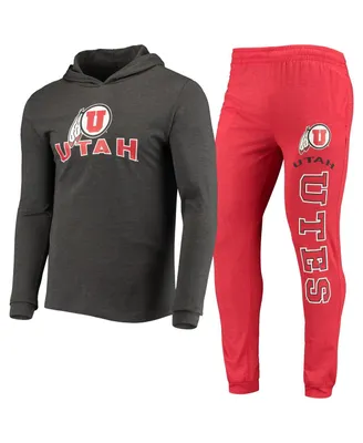 Men's Concepts Sport Red, Charcoal Utah Utes Meter Long Sleeve Hoodie T-shirt and Jogger Pants Sleep Set
