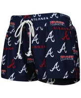 Women's Concepts Sport Navy Atlanta Braves Breakthrough Allover Print Long Sleeve V-Neck T-shirt and Shorts Sleep Set