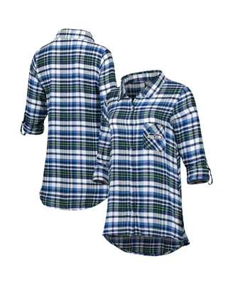 Women's Concepts Sport College Navy, Neon Green Seattle Seahawks Mainstay Flannel Full-Button Long Sleeve Nightshirt