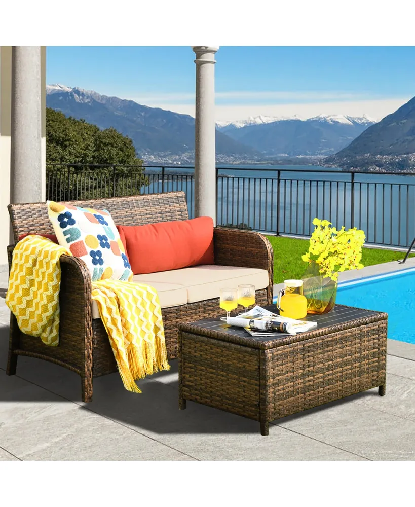 2PCS Patio Rattan Furniture Set Cushioned Loveseat Table Garden Deck