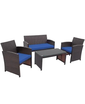 4PCS Patio Rattan Furniture Set Cushioned Chair Sofa Coffee Table