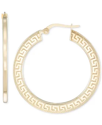 Greek Key Design Round Hoop Earrings in 10k Yellow Gold