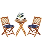 Costway 3PCS Patio Folding Wooden Bistro Set Cushioned Chair Conversation Garden