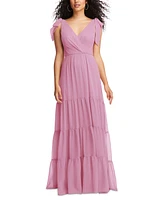 Dessy Collection Plus Bow-Shoulder Faux Wrap Maxi Dress with Tiered Skirt