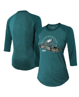 Women's Majestic Threads Midnight Green Philadelphia Eagles Super Bowl Lvii Desert Tri-Blend Raglan 3/4 Sleeve T-shirt